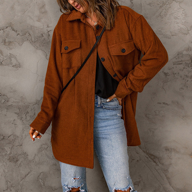 Women's Corduroy Solid Color Single Breasted Casual Lapel Woolen Jacket