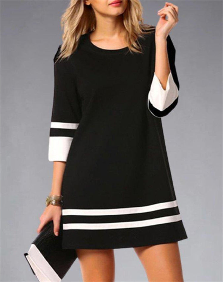 Women's Plaid Stitching Round Neck Slim Fit Dress