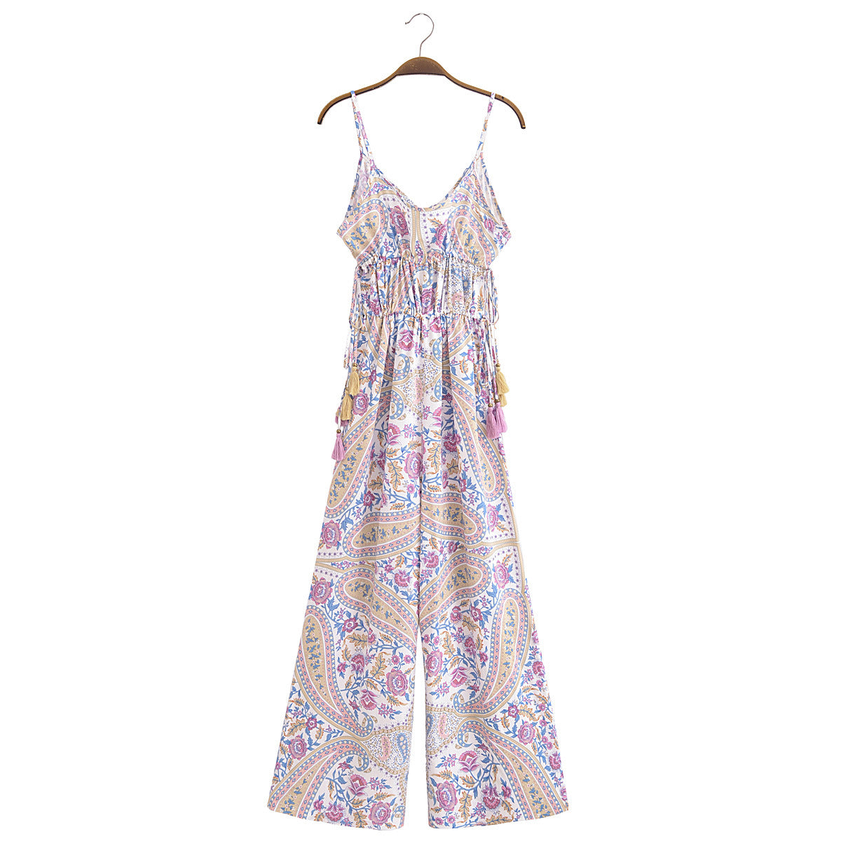 Printed Tassel Decoration Waist Trimming Spaghetti Straps Jumpsuit Jumpsuit