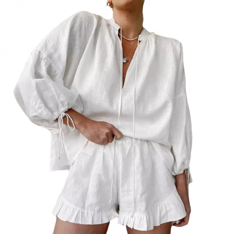 Fashion Cotton And Linen Solid Color Loose V-neck Lantern Sleeve Shorts Two-piece Set
