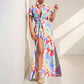 European American Fashion Floral Print Lapel Split Dress Women