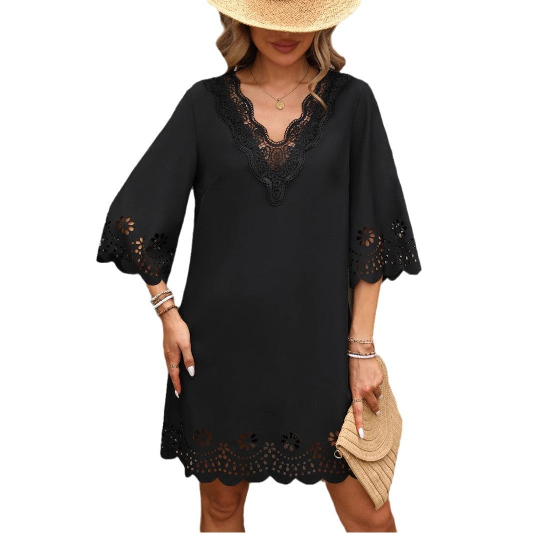 Half Sleeve A- Line Fashion Lace V-neck Dress