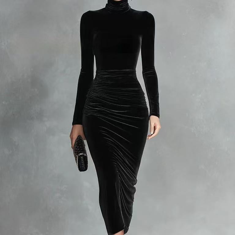 Black Velvet Half Turtleneck Dress Women