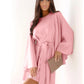 Autumn Fashion Solid Color Round-neck Flared Sleeves Lace-up Waist Dress