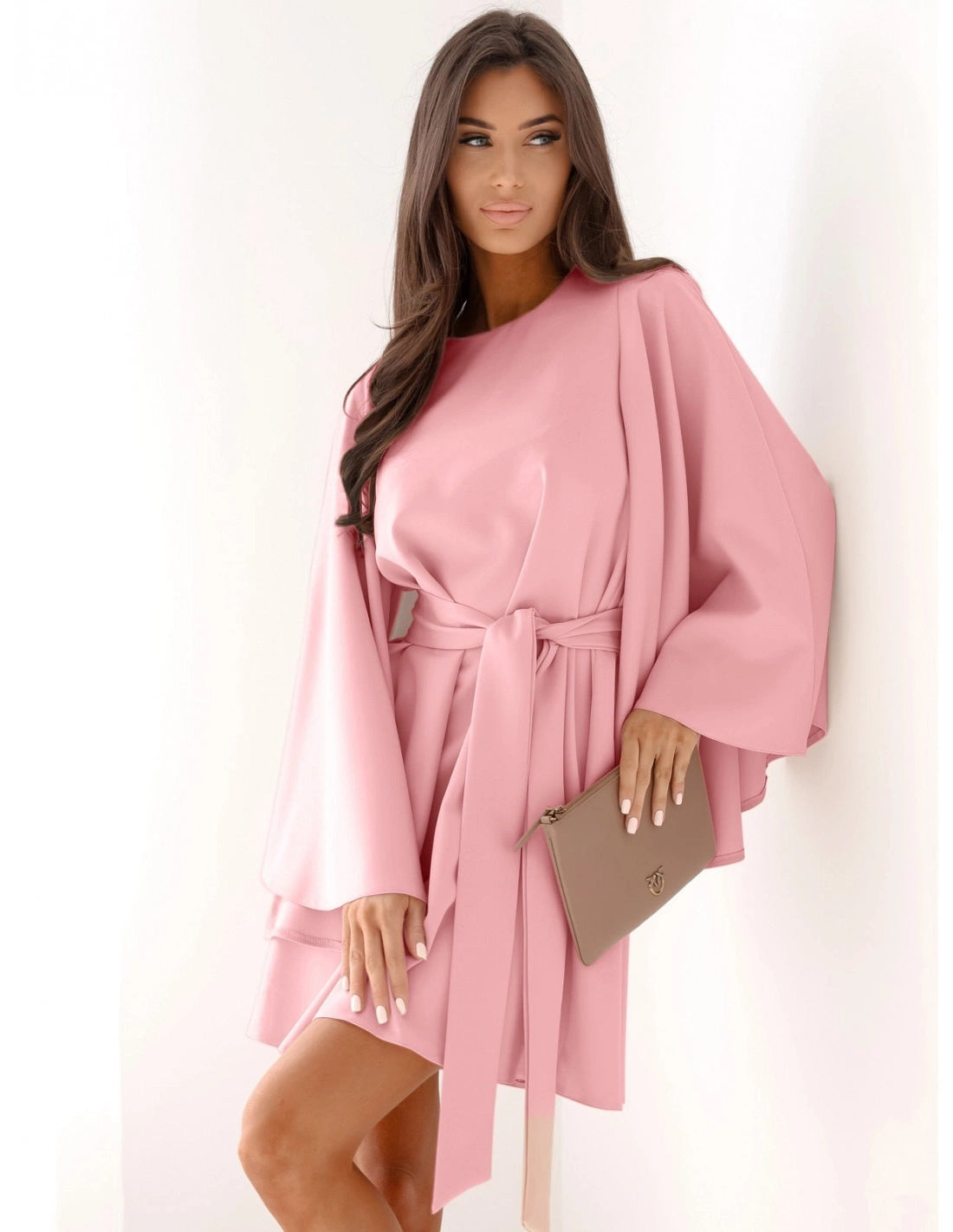 Autumn Fashion Solid Color Round-neck Flared Sleeves Lace-up Waist Dress