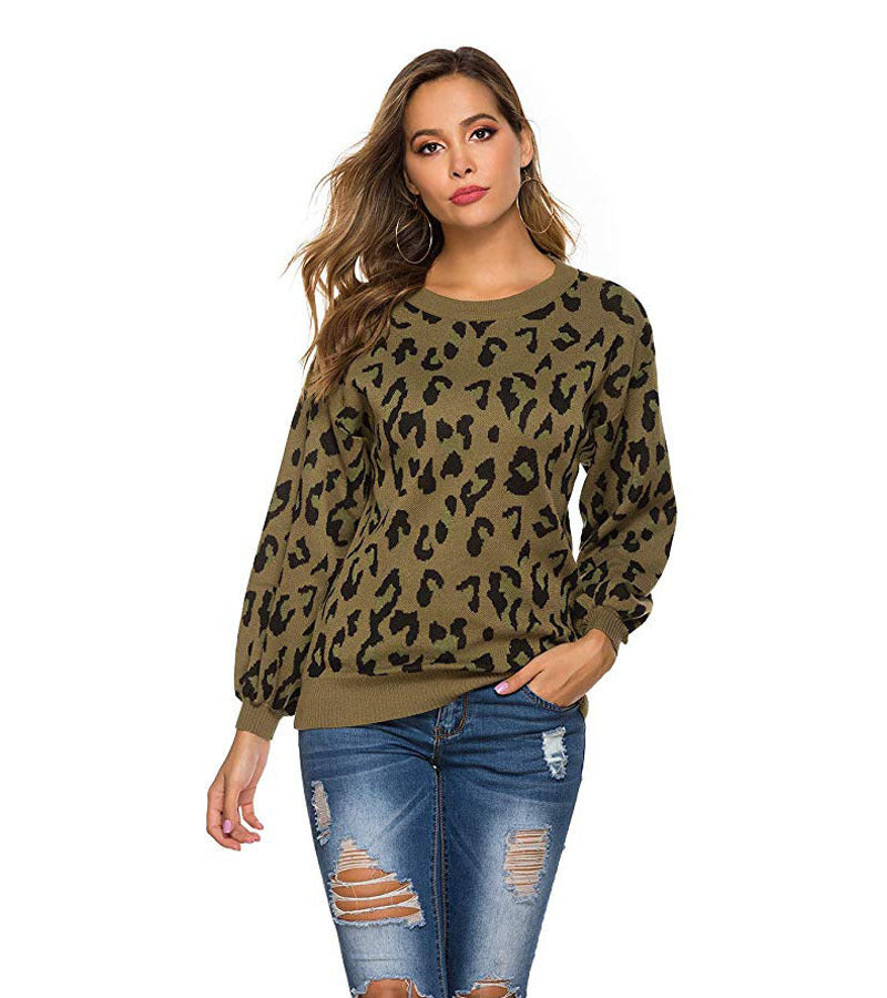 Street Long Sleeve Lantern Sleeve Loose Leopard Print Knitted Sweater