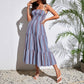 Blue And White Striped Strapless Back Waist Gathered Waist Dress