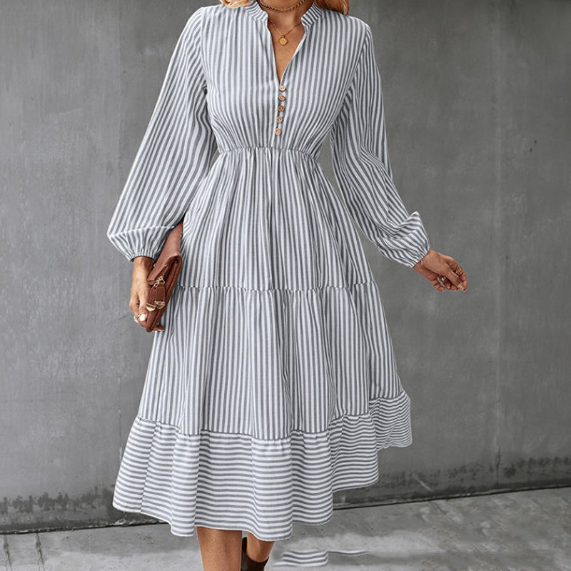 Robe d'automne européenne et américaine à rayures, manches longues, taille élastique