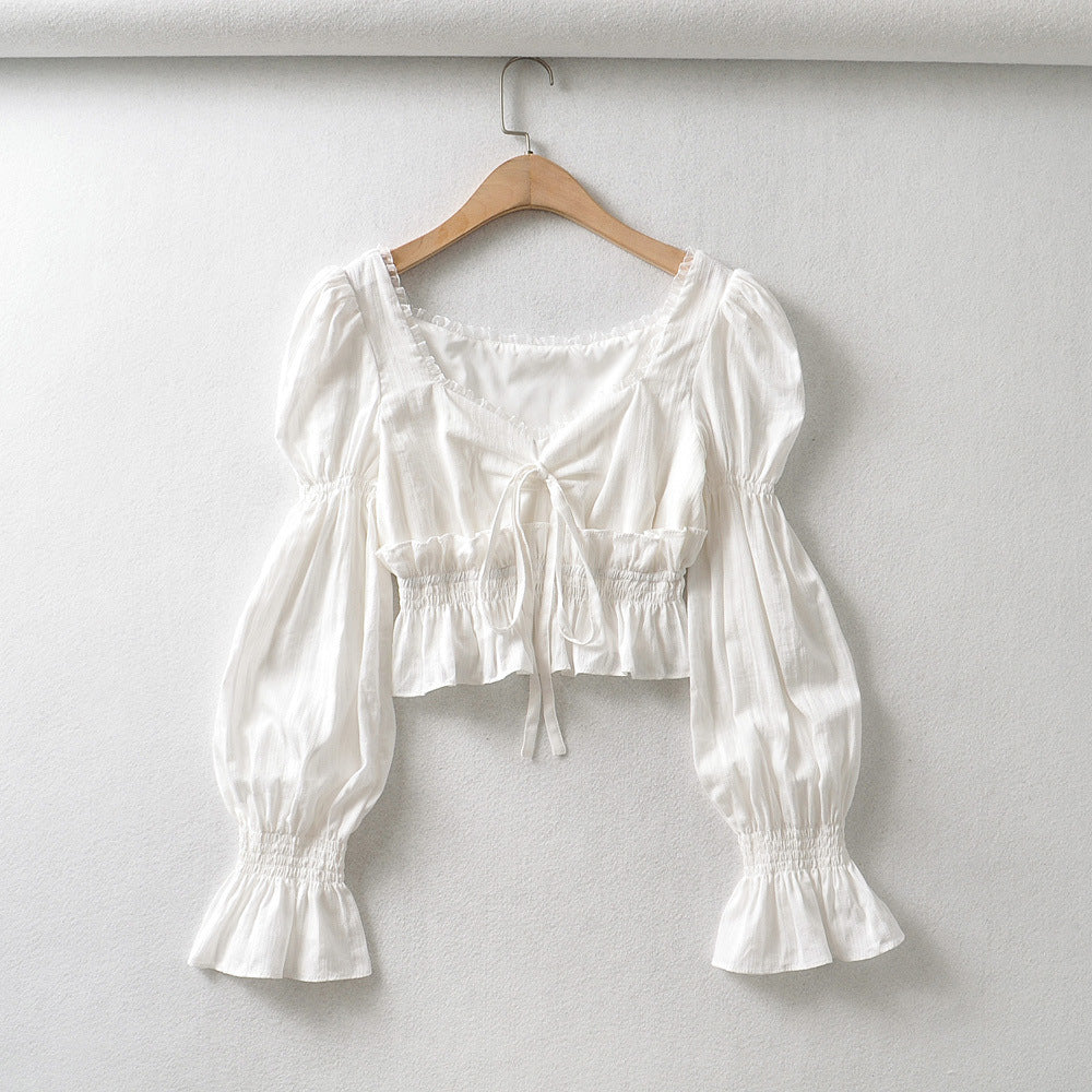 New Style Square Collar Lace Lantern Sleeve Short Shirt