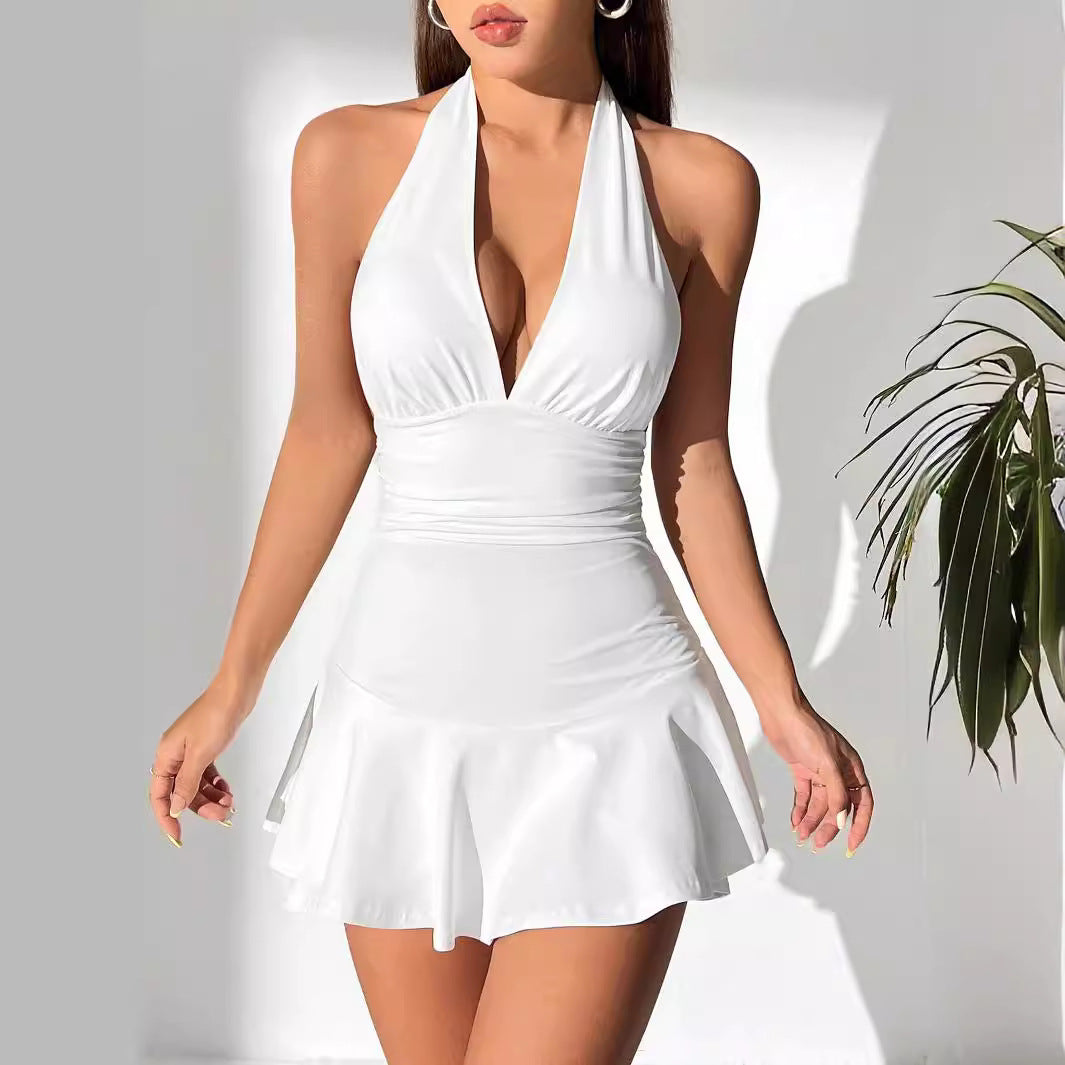 Deep V-neck Low-cut Tummy-covering Slimming Halter Dress
