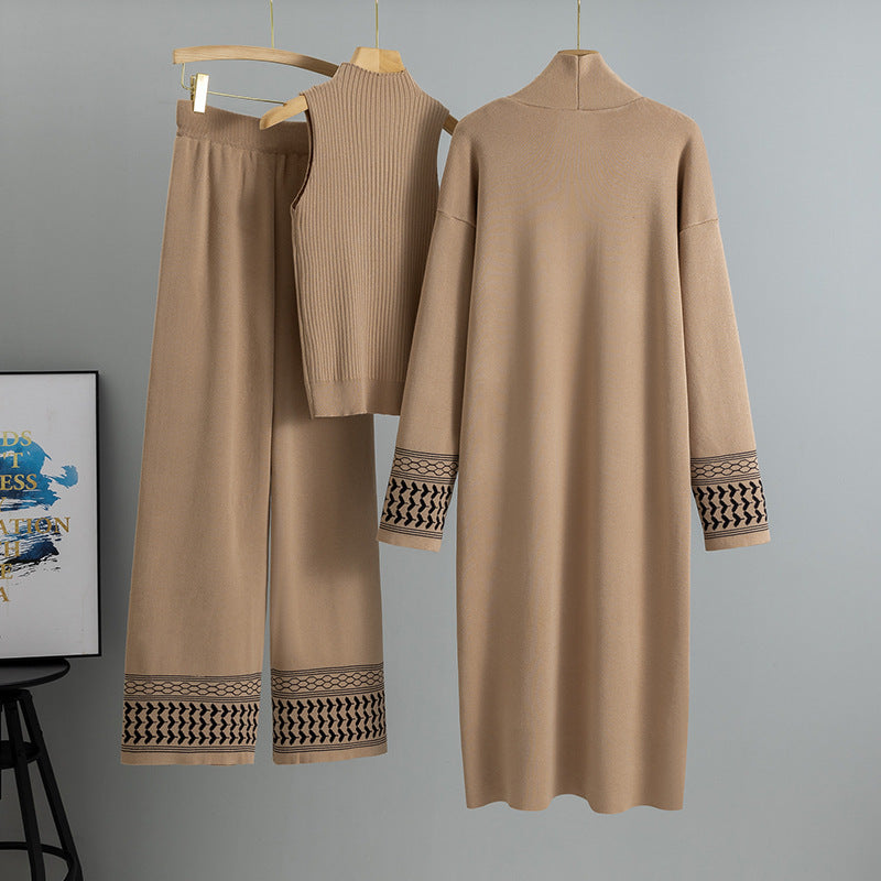 East Elegant Graceful Cardigan Robe Knitted Wide Leg Pants Three-piece Set