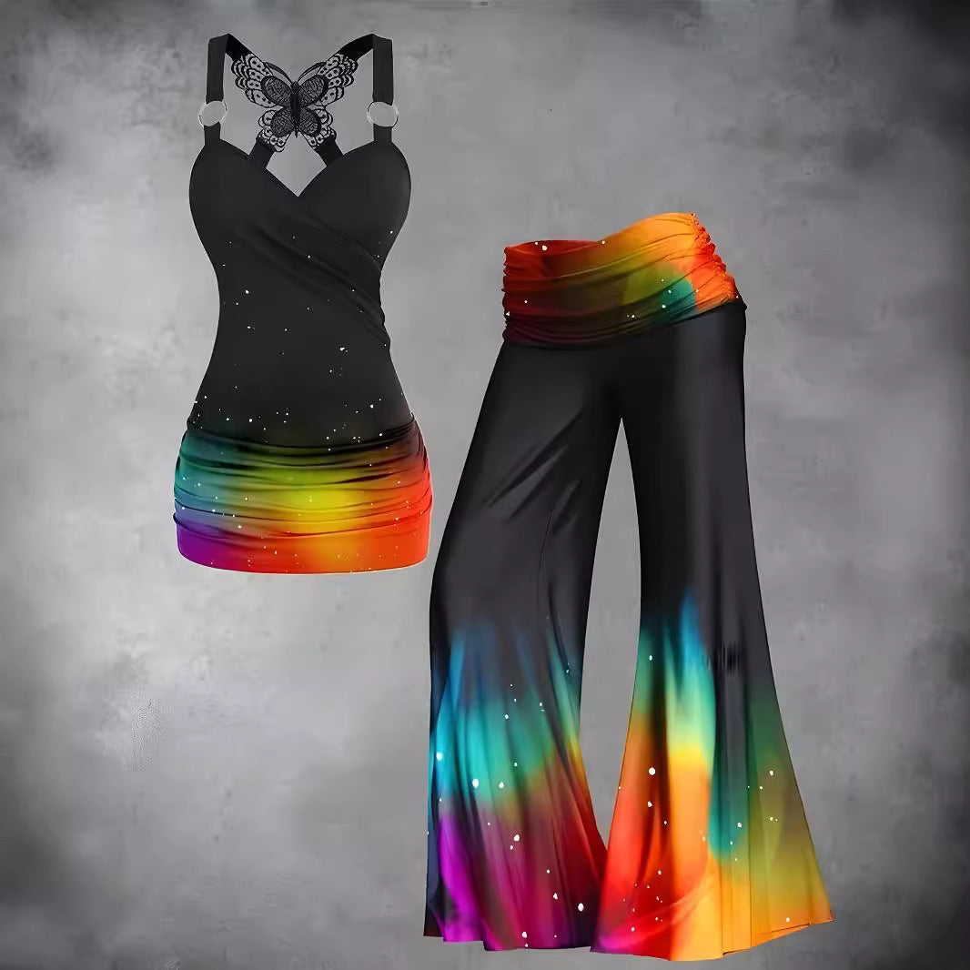 Women's Top Sleeveless Waist T Bell-bottom Pants Trousers Suit