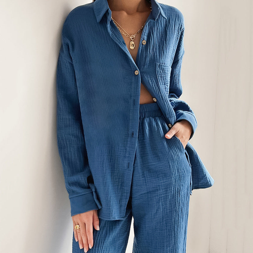 Loose Elastic Wrinkle Long Sleeve Shirt Wide Leg Pants Casual Suit