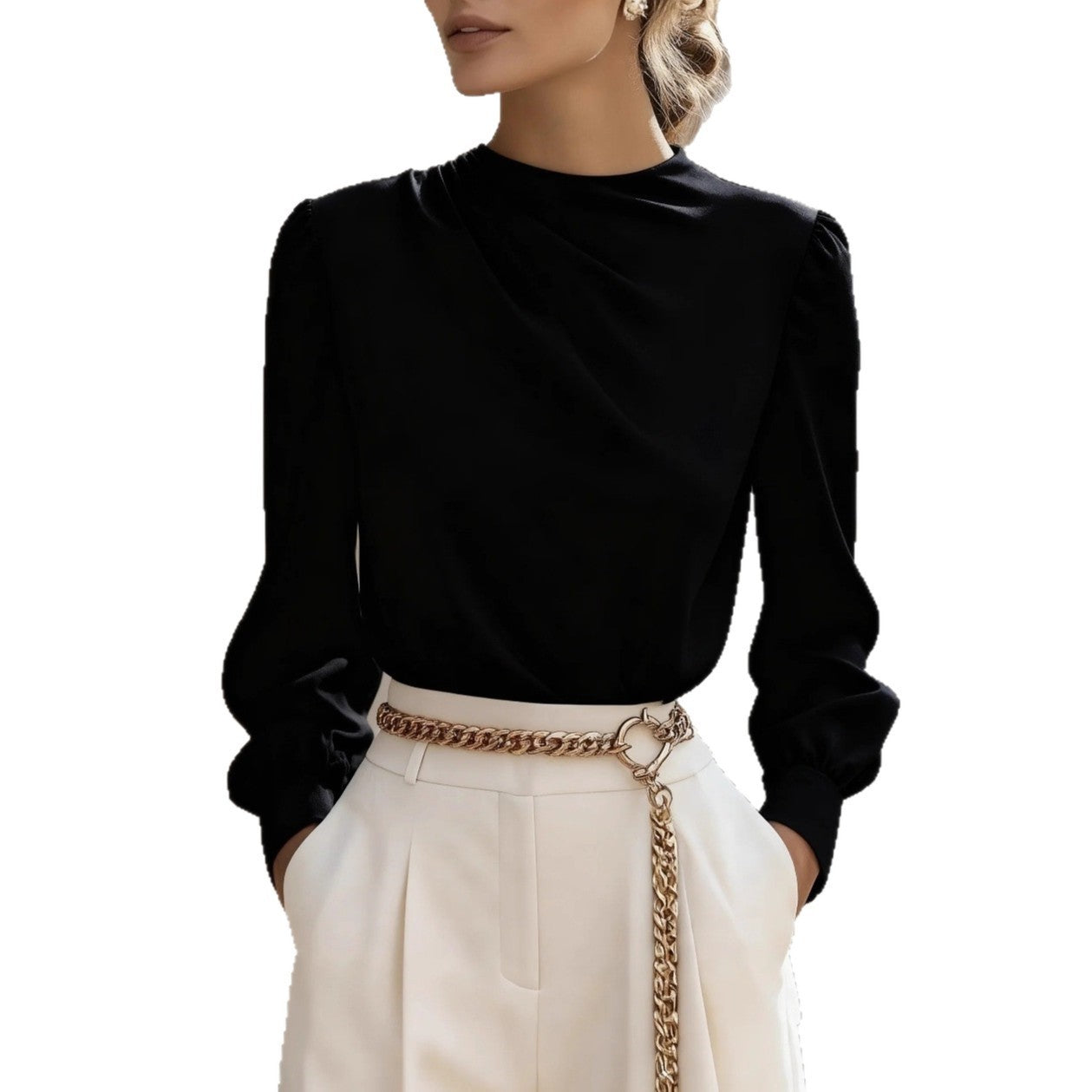 Simple Commuting Temperament Pleated High-neck Lantern Sleeve Blouse For Women