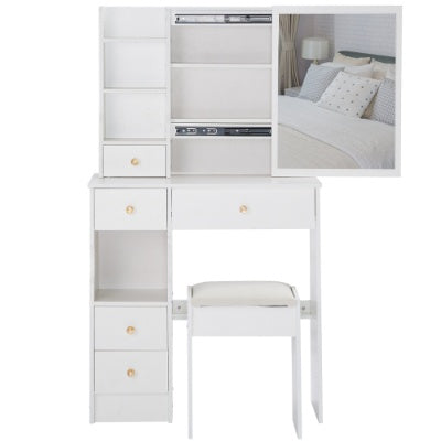 29.2 Small Space Left Drawer Desktop Vanity Table  Cushioned Stool, Extra Large Right Sliding Mirror, Multi Layer High Capacity Storage, Practical Fashionable Dresser, Suitable For Small Space