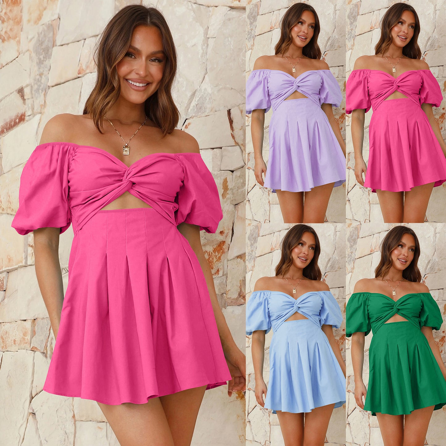 Robe plissée sexy à épaules dénudées et manches lanternes