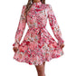 Stand Collar Flower Waist-controlled Long Sleeves Ruffled A-line Dress