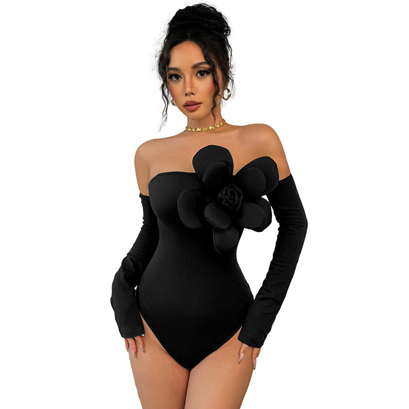 Style Three-dimensional Flower Decoration Slim-fit Off-shoulder Solid Color Jumpsuit