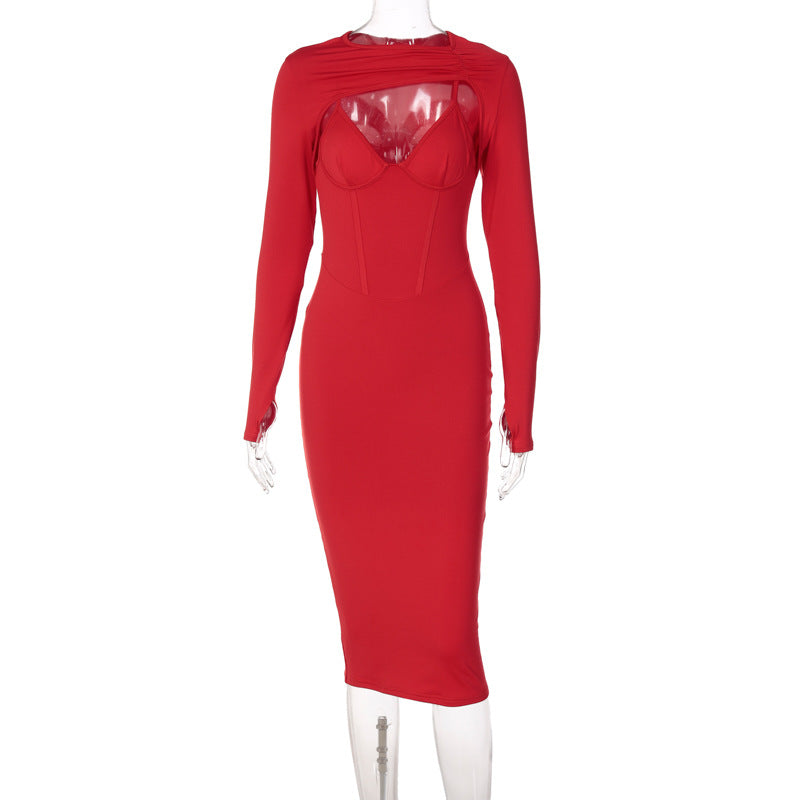 Fashion Solid Color Long-sleeved Slim Fit Hip Dress
