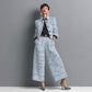 Notched Lapel Slim-fit Women's Long-sleeve Short Top With Wide-leg Pants Set