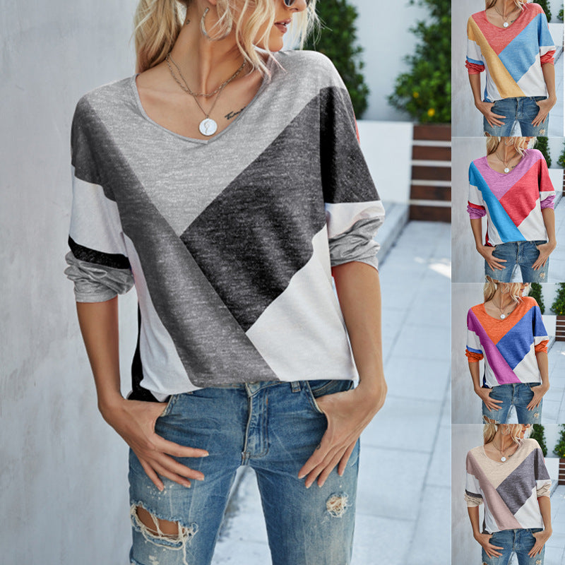 Fashion Printed Long-sleeved T-shirt V-neck Top