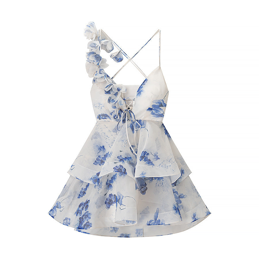 New Summer Three-dimensional Flower Waist Trimming Short Sling Dress