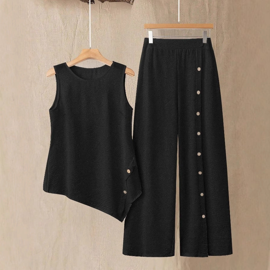 Simple Casual Daily Wear Sleeveless Top And Long Pants Set