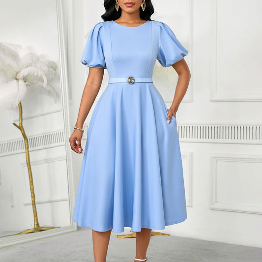 Elegant High-waisted Solid-color Round-neck Dress With Fashionable Balloon Sleeves