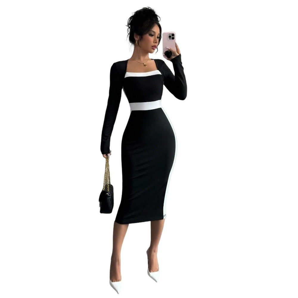 Women's Patchwork Color-block Long-sleeve Bodycon Dress
