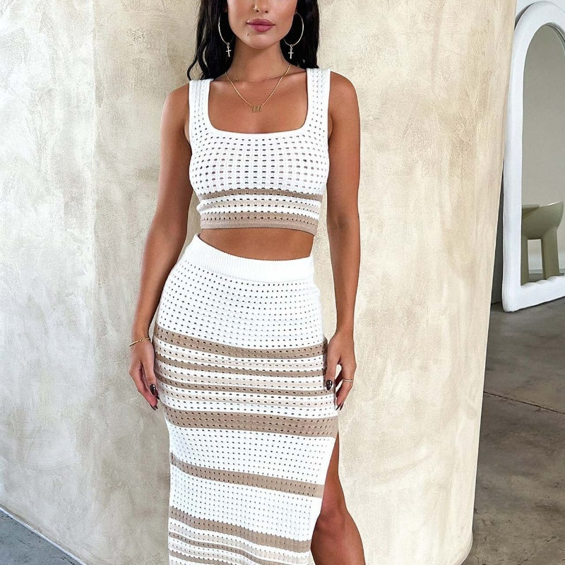 Summer New Sleeveless Vest Slit Striped Skirt Knitting Suit