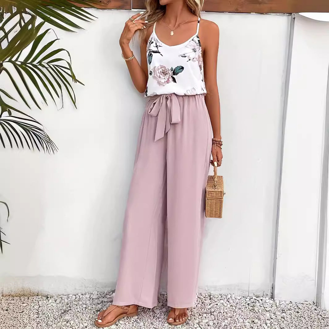 Temperament Casual French Floral Print Strap Set