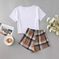 New Bear Printed Short-sleeved Top Lace Bow Printed Checks Shorts Home Wear Suit