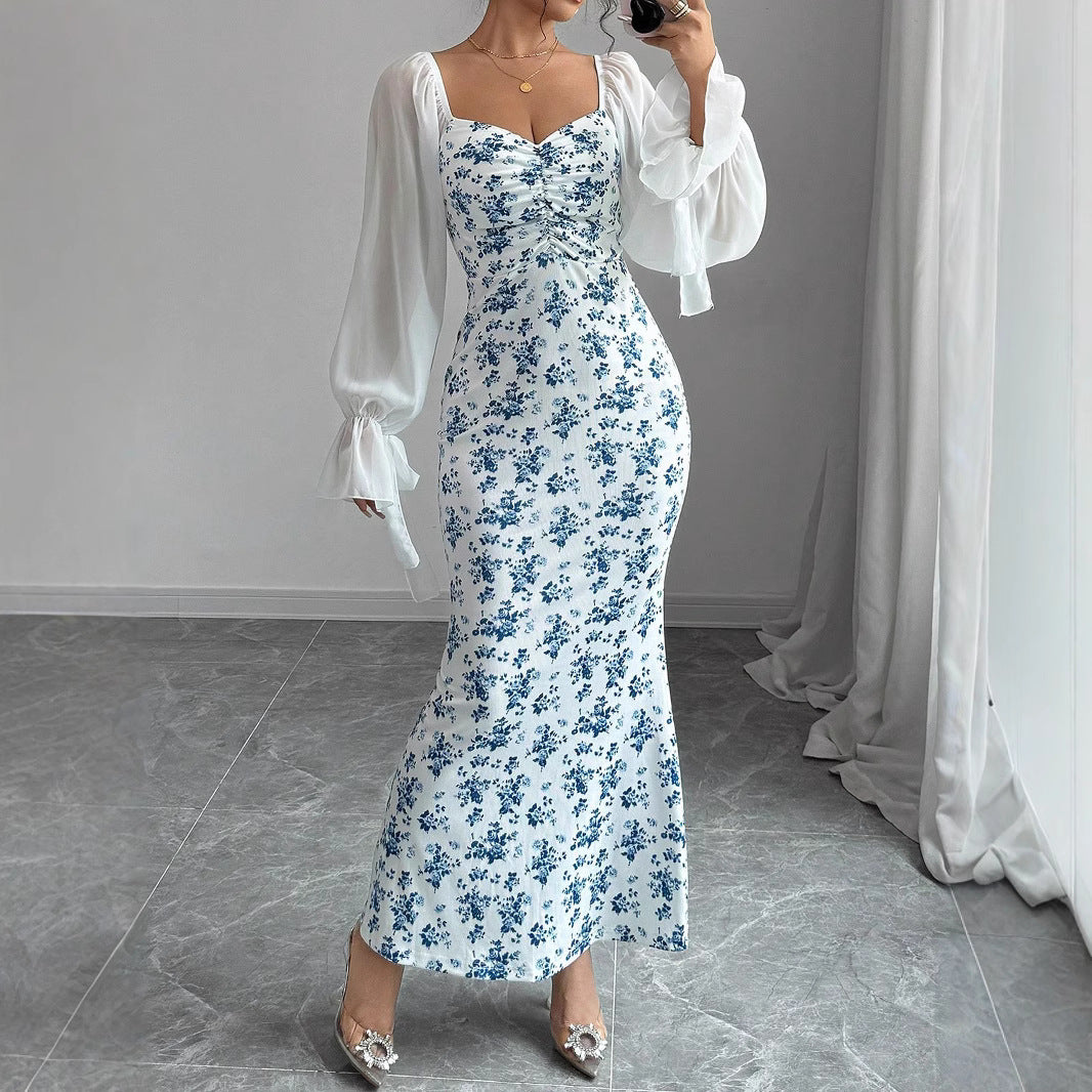 Long Sleeve V-neck Chiffon Spliced Knit Print Bodycon Dress