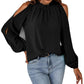 Ruffle Round Neck Long Sleeve Pleated Off-shoulder Top