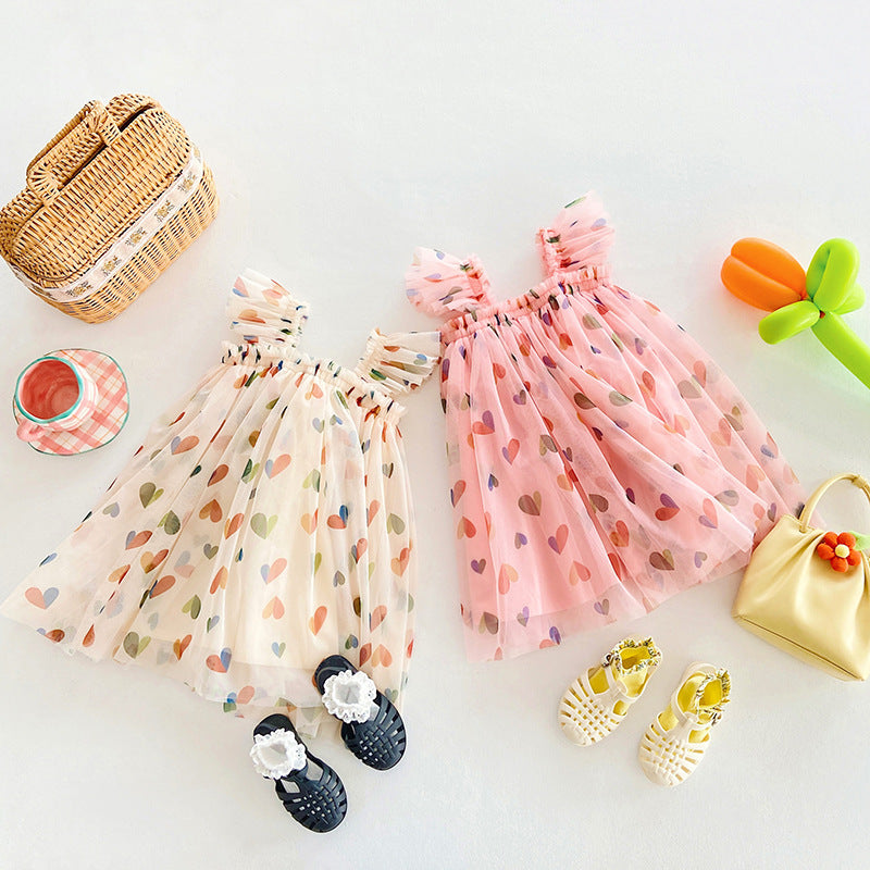 Summer Cute Heart Printing Mesh Girl Dress