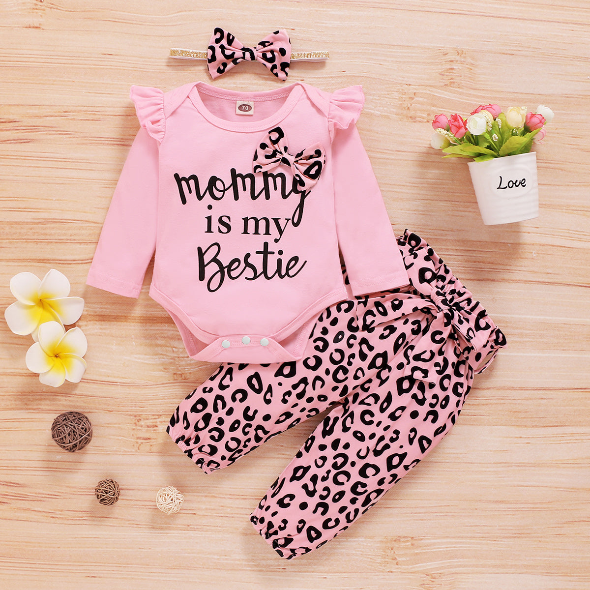 Newborn Long Sleeve Romper Leopard Print Trousers And Headband Three-piece Set