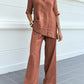 Casual Cotton-Linen Solid-Color Mid-Sleeve V-Neck Top And Straight-Cut Casual Pants Set
