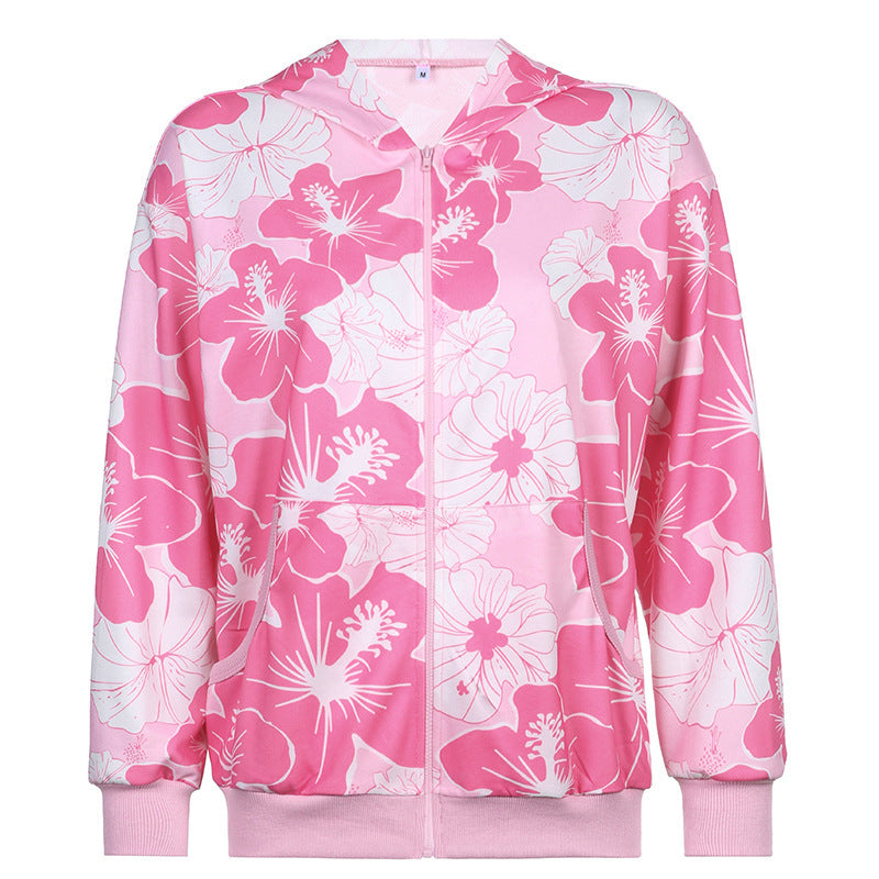 New Women's Personality Sweet Student Zipper Print Hooded Sweater