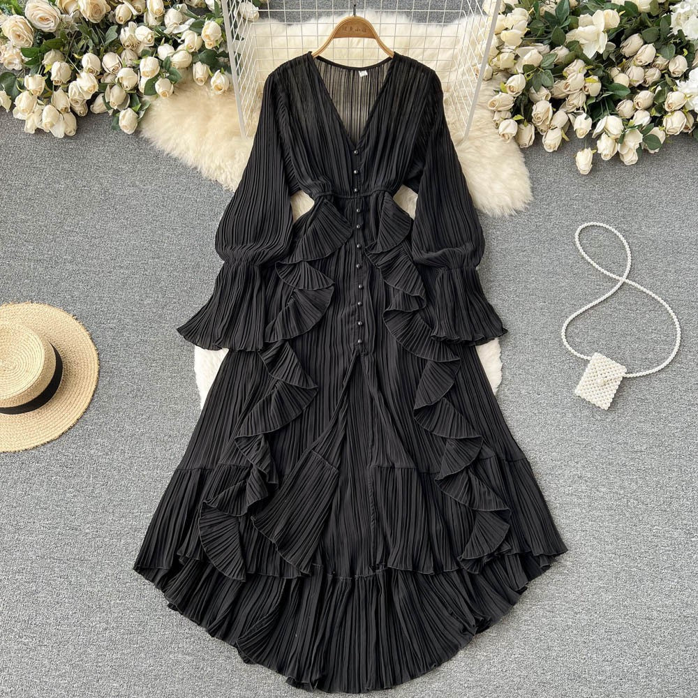 Fashion Solid Color And V-neck Ruffled Flared Sleeve Dress