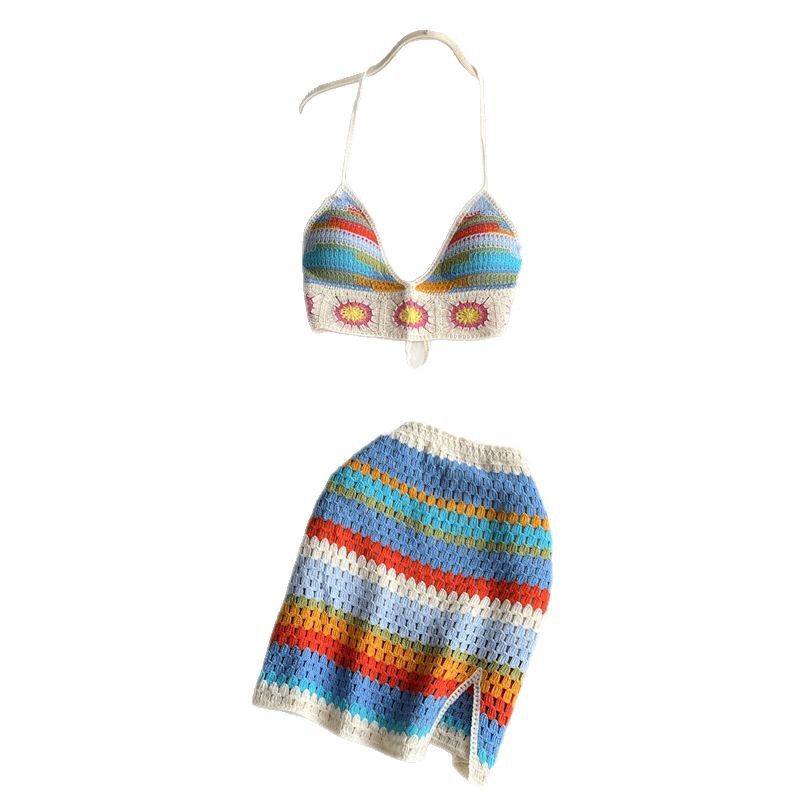 Seaside Vacation Beach Suit Hot Girl Halter Spaghetti Straps Vest Multicolor Cutout Knitted Skirt