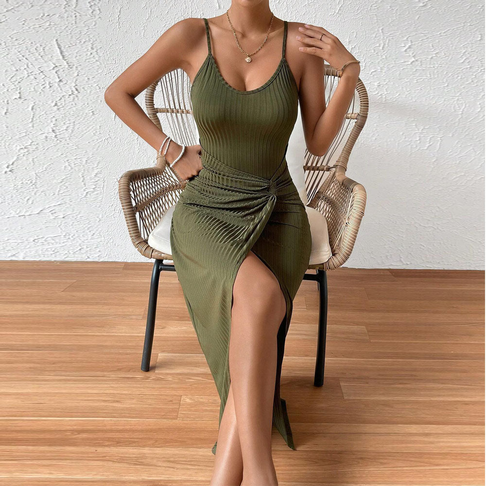 European And American Waist-tight Hip Split Backless Spaghetti Straps Temperament Dress