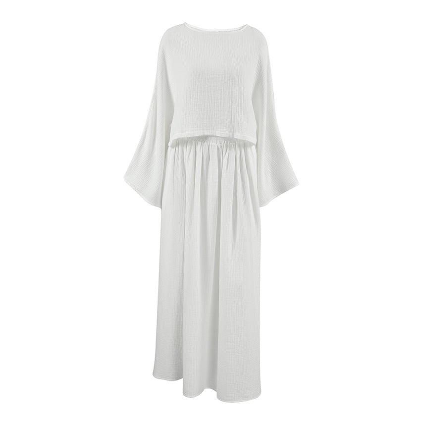 Cotton Round Neck Long Sleeves Short Top Slit Skirt Suit