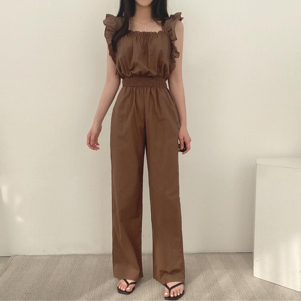 Combinaison rétro française à col carré et manches volantées, taille haute, élastique et jambes larges pour femme
