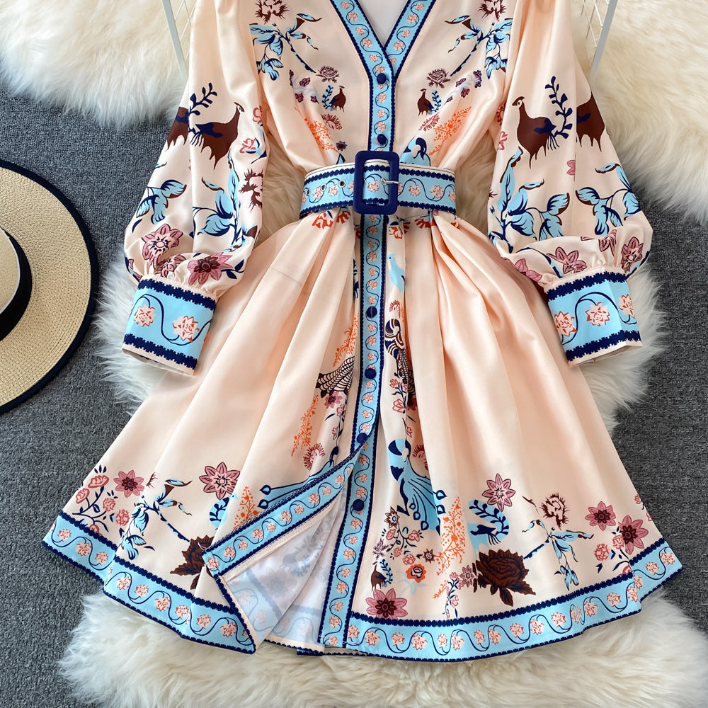 Waist tightening and slimming bubble long sleeved dress