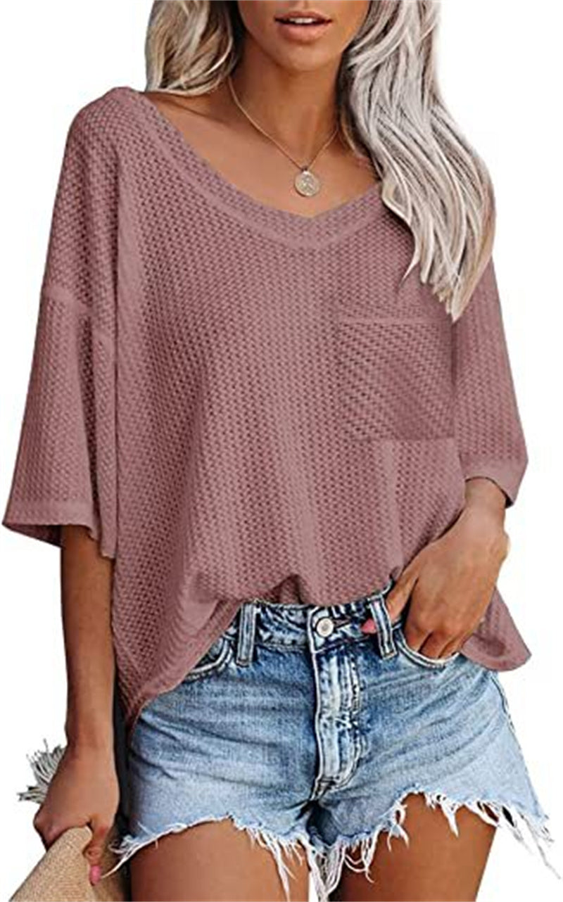 Women's Temperament Fashion V-neck Pocket Short-sleeved T-shirt