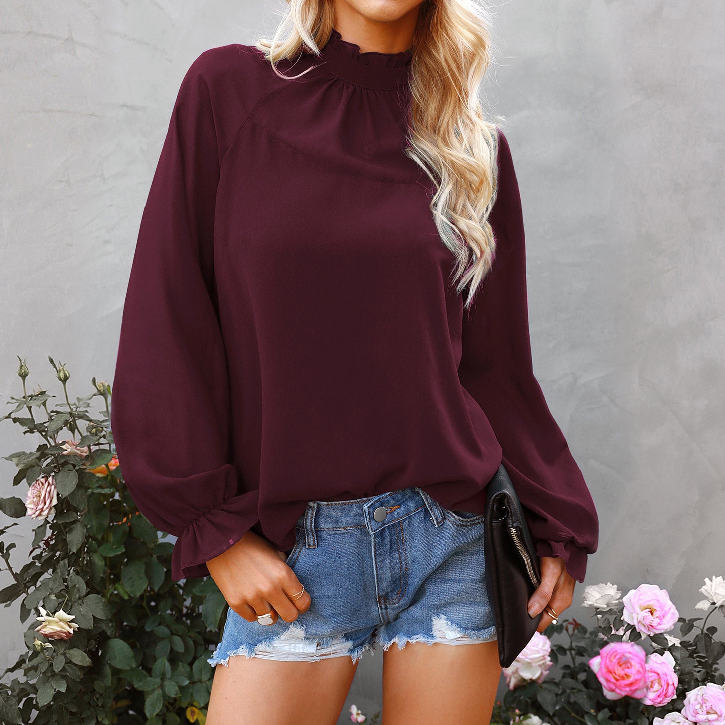Women's Spring New Chiffon Top Solid Color Loose Pullover Long Sleeve T-shirt