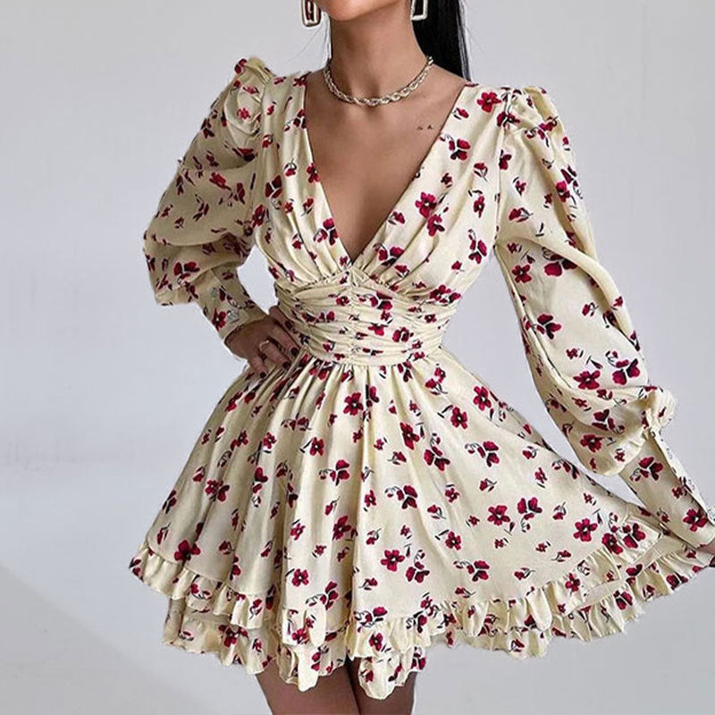 Women's Printed Puff Sleeve Waist Cinching Dress