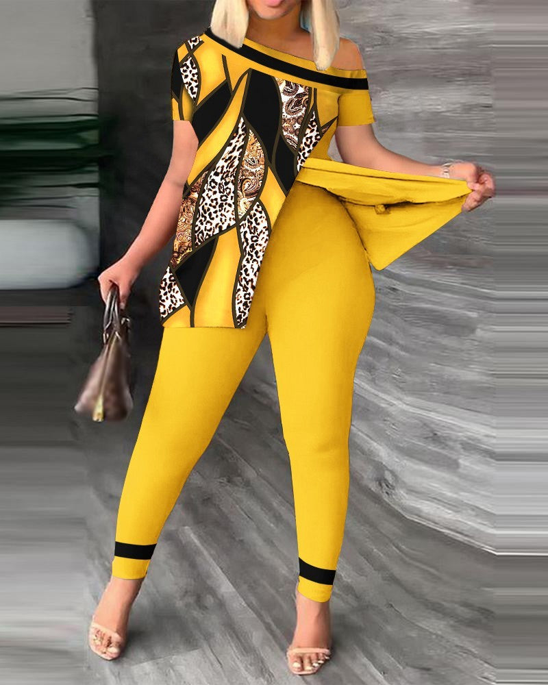 Women's Fashion Casual Slit Diagonal Collar Printing Suit