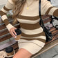 Casual Waist-Cinched Slim-Fit Two-Tone Striped Contrast-Color Sweater Dress For Women