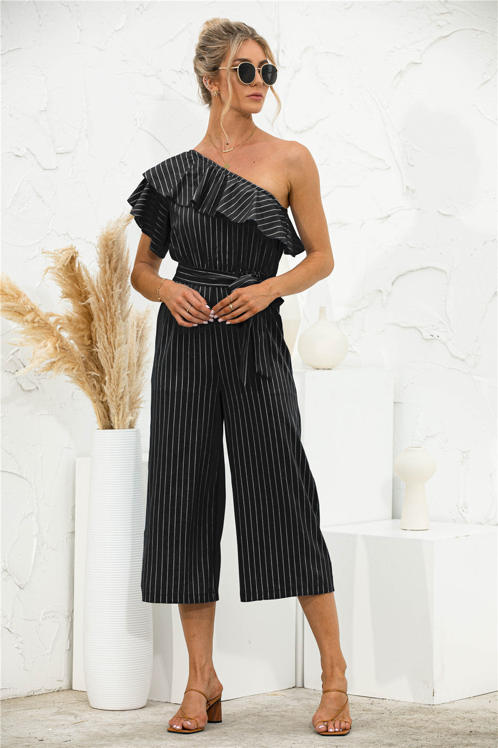 Women's Summer Oblique Shoulder Ruffle Striped Jumpsuit